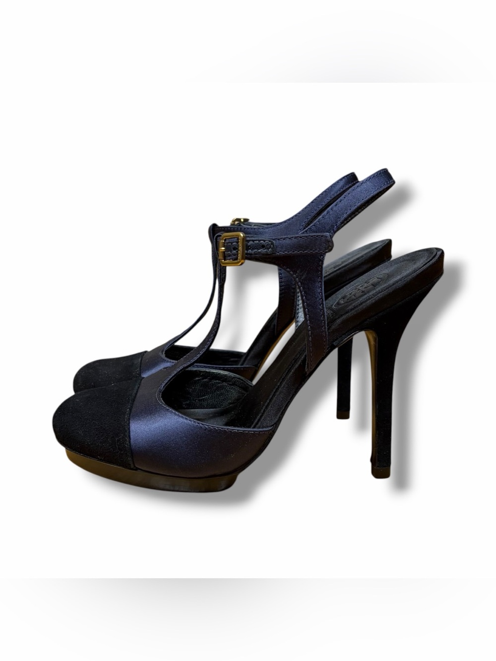 Tory Burch Mandy T-Strap Blue Satin Black Suede Stiletto Pumps Sz 7M Worn Once